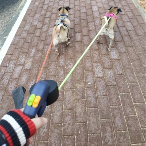 Retractable Dual Dog Leash With Built-In Poop Bag Dispenser And Led Light