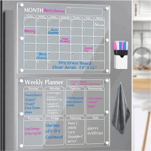 Magnetic Acrylic Calendar Fridge Planner, Clear Dry Erase Board For Refrigerator, Reusable Monthly & Weekly Planner Includes 4 Colors Markers