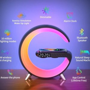 Intelligent Sunrise Smart Lamp, Multifunctional Fast Wireless Charger, Alarm Clock, Bluetooth Speaker, App Control Rgb Led Night Light Charging Station