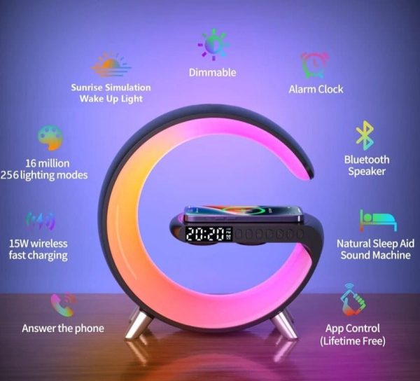 Intelligent Sunrise Smart Lamp, Multifunctional Fast Wireless Charger, Alarm Clock, Bluetooth Speaker, App Control Rgb Led Night Light Charging Station