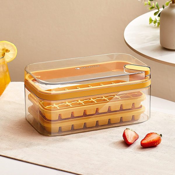 One-Button Easy Release Ice Cube Maker Tray With Lid And Bin, 2 Pack Ice Cube Trays For Freezer, 64 Pcs Ice Cube Mold
