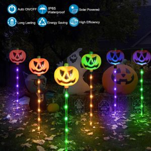 6-Pack Solar Halloween Pumpkin Garden Stake Lights, Solar Halloween Yard Stake Outdoor Waterproof Halloween Lighted Pumpkin Lights