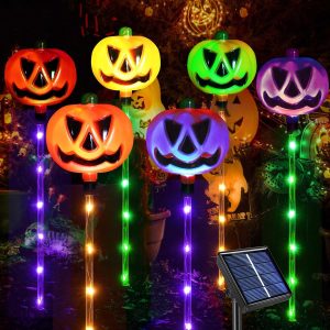 6-Pack Solar Halloween Pumpkin Garden Stake Lights, Solar Halloween Yard Stake Outdoor Waterproof Halloween Lighted Pumpkin Lights