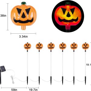 6-Pack Solar Halloween Pumpkin Garden Stake Lights, Solar Halloween Yard Stake Outdoor Waterproof Halloween Lighted Pumpkin Lights