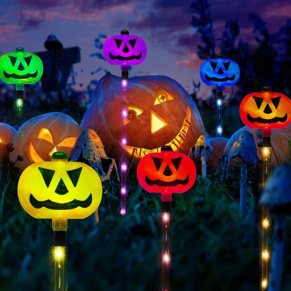 6-Pack Solar Halloween Pumpkin Garden Stake Lights, Solar Halloween Yard Stake Outdoor Waterproof Halloween Lighted Pumpkin Lights