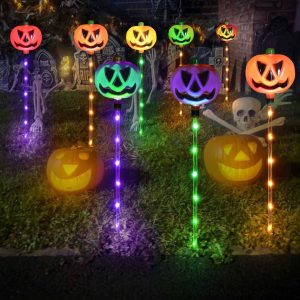 6-Pack Solar Halloween Pumpkin Garden Stake Lights, Solar Halloween Yard Stake Outdoor Waterproof Halloween Lighted Pumpkin Lights