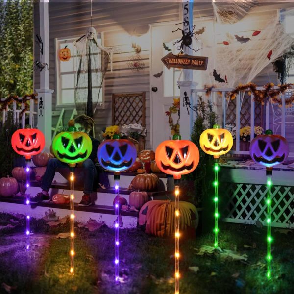 6-Pack Solar Halloween Pumpkin Garden Stake Lights, Solar Halloween Yard Stake Outdoor Waterproof Halloween Lighted Pumpkin Lights