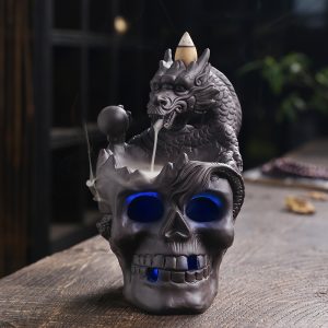 Dragon Incense Holder Waterfall with LED, Skull Head Dragon Incense Burner, Ceramic Backflow Incense Holder