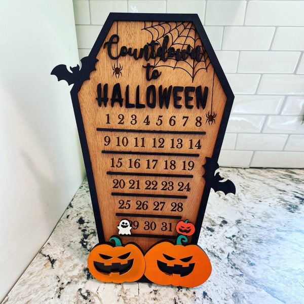 Halloween Advent Countdown Calendar, Funny Halloween Coffin Calendar with Movable Block Bats Pumpkins Ghosts Wooden