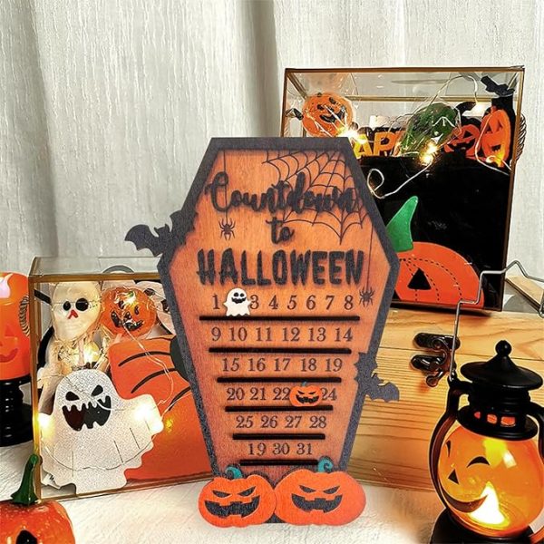 Halloween Advent Countdown Calendar, Funny Halloween Coffin Calendar with Movable Block Bats Pumpkins Ghosts Wooden