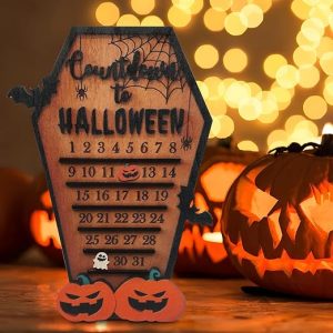 Halloween Advent Countdown Calendar, Funny Halloween Coffin Calendar with Movable Block Bats Pumpkins Ghosts Wooden