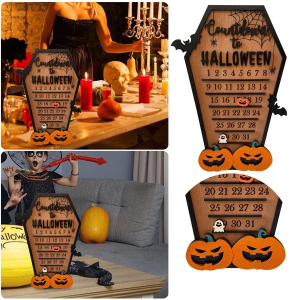 Halloween Advent Countdown Calendar, Funny Halloween Coffin Calendar with Movable Block Bats Pumpkins Ghosts Wooden