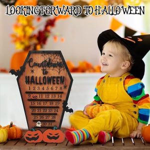 Halloween Advent Countdown Calendar, Funny Halloween Coffin Calendar with Movable Block Bats Pumpkins Ghosts Wooden