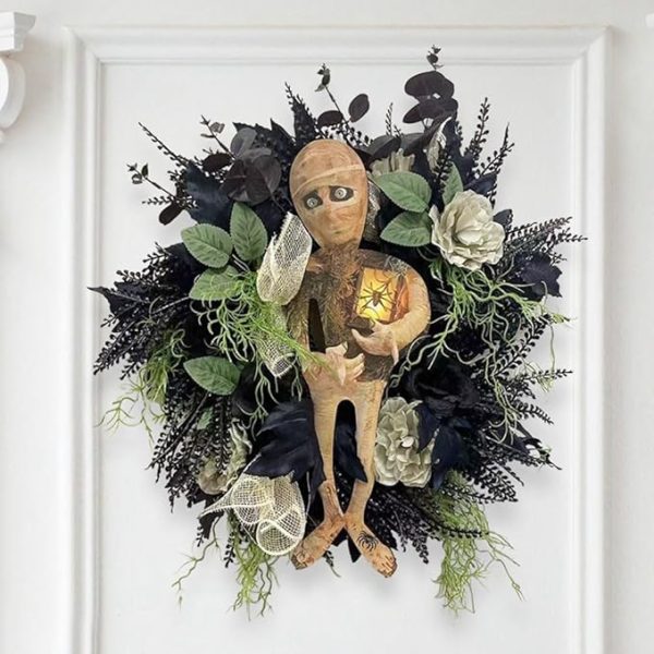 Halloween Mummy Wreath for Front Door, Realistic Mummy Halloween Door Wreath with Spider and Halloween Lanterns