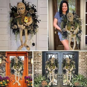 Halloween Mummy Wreath for Front Door, Realistic Mummy Halloween Door Wreath with Spider and Halloween Lanterns