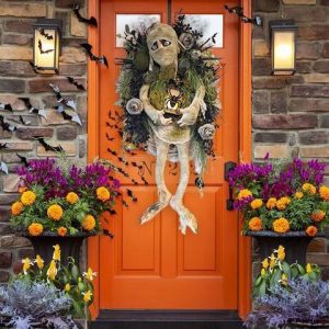 Halloween Mummy Wreath for Front Door, Realistic Mummy Halloween Door Wreath with Spider and Halloween Lanterns