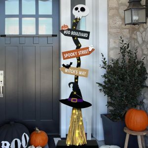 Lighted Halloween Wooden Witch’s Broom For Indoor Outdoor Porch Yard Decor - Spooky Light Up Halloween Witch Decorations Sign