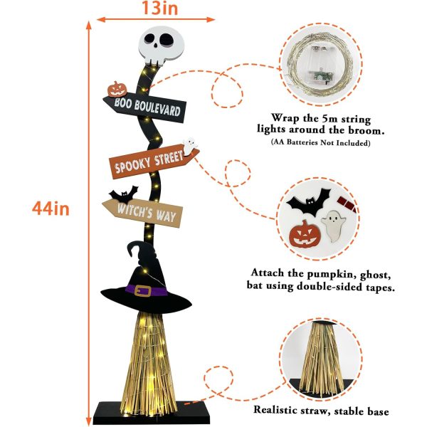 Lighted Halloween Wooden Witch’s Broom For Indoor Outdoor Porch Yard Decor - Spooky Light Up Halloween Witch Decorations Sign