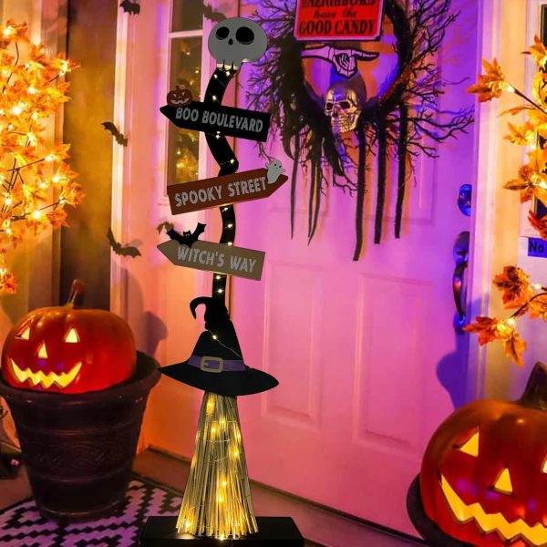 Lighted Halloween Wooden Witch’s Broom For Indoor Outdoor Porch Yard Decor - Spooky Light Up Halloween Witch Decorations Sign