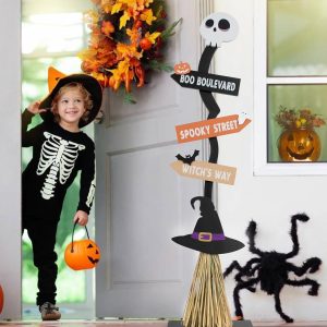 Lighted Halloween Wooden Witch’s Broom For Indoor Outdoor Porch Yard Decor - Spooky Light Up Halloween Witch Decorations Sign