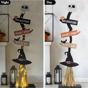 Lighted Halloween Wooden Witch’s Broom For Indoor Outdoor Porch Yard Decor - Spooky Light Up Halloween Witch Decorations Sign