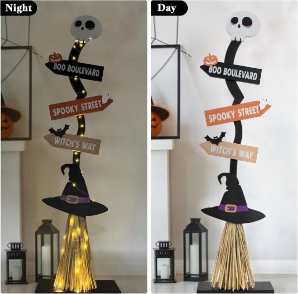 Lighted Halloween Wooden Witch’s Broom For Indoor Outdoor Porch Yard Decor - Spooky Light Up Halloween Witch Decorations Sign