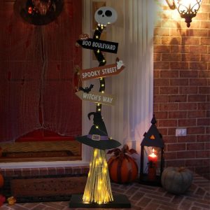 Lighted Halloween Wooden Witch’s Broom For Indoor Outdoor Porch Yard Decor - Spooky Light Up Halloween Witch Decorations Sign