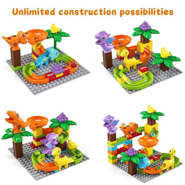 Marble Run Building Blocks Dino Toys, STEM Ball Race Track for Boys & Girls with Functional Dinosaur Building Blocks