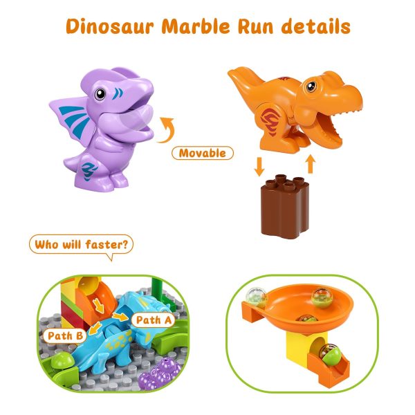 Marble Run Building Blocks Dino Toys, STEM Ball Race Track for Boys & Girls with Functional Dinosaur Building Blocks