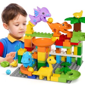 Marble Run Building Blocks Dino Toys, STEM Ball Race Track for Boys & Girls with Functional Dinosaur Building Blocks