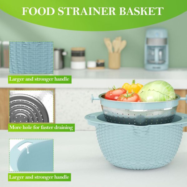 4 In 1 Colander With Mixing Bowl Set Rotatable Colander Drain Basket With Lid And Slicer Strainer Stainless Steel Mixing Bowls For Cooking Baking Washing Vegetable