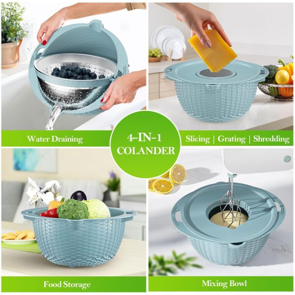 4 In 1 Colander With Mixing Bowl Set Rotatable Colander Drain Basket With Lid And Slicer Strainer Stainless Steel Mixing Bowls For Cooking Baking Washing Vegetable