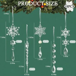 18pcs Christmas Tree Decoration Crystal Ornaments, Hanging Acrylic Christmas Snowflake Icicle Drop Crystal Ornaments for Christmas Tree