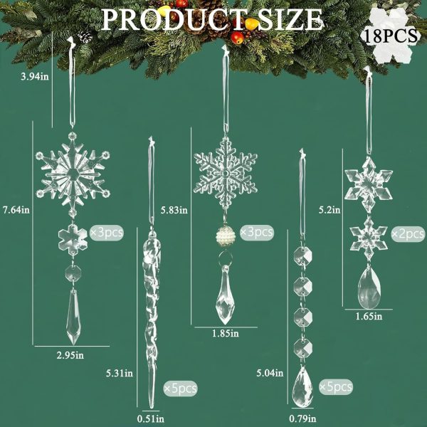 18pcs Christmas Tree Decoration Crystal Ornaments, Hanging Acrylic Christmas Snowflake Icicle Drop Crystal Ornaments for Christmas Tree