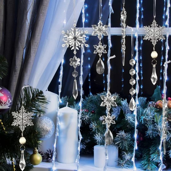 18pcs Christmas Tree Decoration Crystal Ornaments, Hanging Acrylic Christmas Snowflake Icicle Drop Crystal Ornaments for Christmas Tree