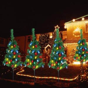 4pcs Solar Christmas Tree Lights Outdoor Decorations, with Multicolor LEDs Solar Christmas C6 Strawberry String Lights