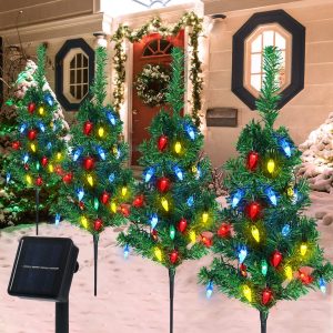 4pcs Solar Christmas Tree Lights Outdoor Decorations, with Multicolor LEDs Solar Christmas C6 Strawberry String Lights