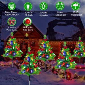 4pcs Solar Christmas Tree Lights Outdoor Decorations, with Multicolor LEDs Solar Christmas C6 Strawberry String Lights