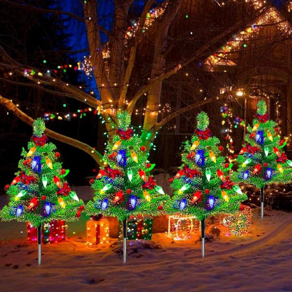 4pcs Solar Christmas Tree Lights Outdoor Decorations, with Multicolor LEDs Solar Christmas C6 Strawberry String Lights