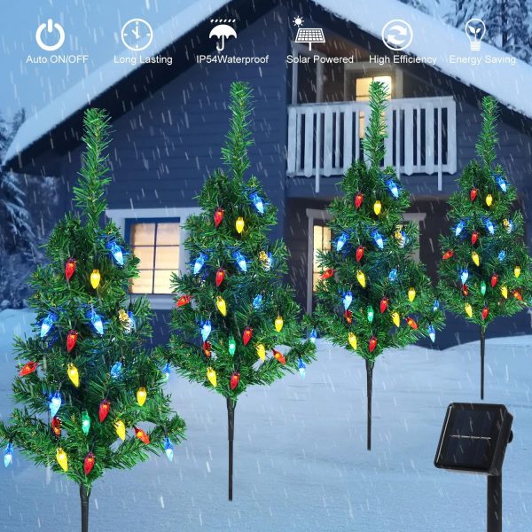 4pcs Solar Christmas Tree Lights Outdoor Decorations, with Multicolor LEDs Solar Christmas C6 Strawberry String Lights