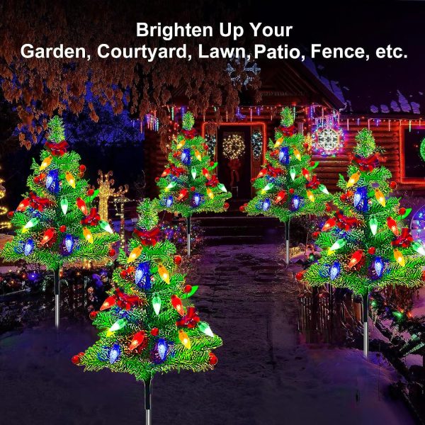 4pcs Solar Christmas Tree Lights Outdoor Decorations, with Multicolor LEDs Solar Christmas C6 Strawberry String Lights