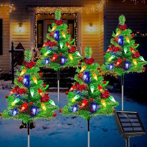 4pcs Solar Christmas Tree Lights Outdoor Decorations, with Multicolor LEDs Solar Christmas C6 Strawberry String Lights