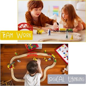 85pcs Wooden Train Set with Crane, Wooden Train Tracks Toy Train Set, Wooden Toys Train Set for Kids