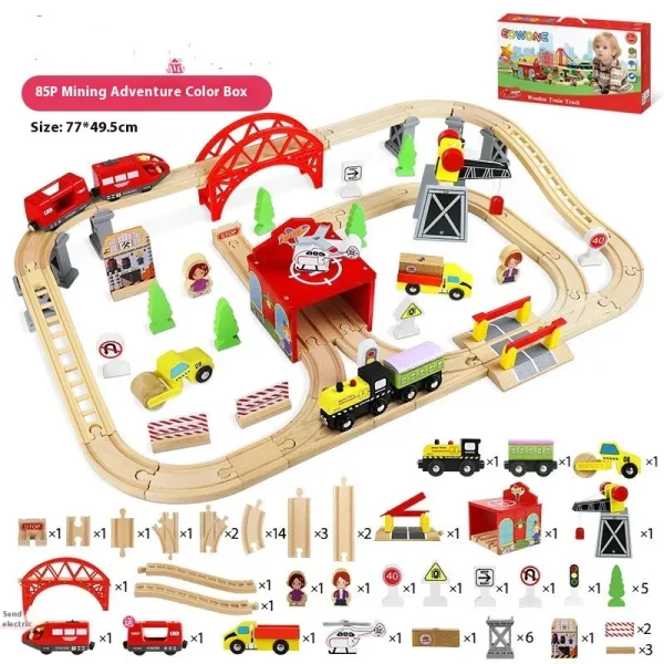 85pcs Wooden Train Set with Crane, Wooden Train Tracks Toy Train Set, Wooden Toys Train Set for Kids