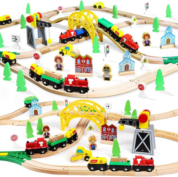 85pcs Wooden Train Set with Crane, Wooden Train Tracks Toy Train Set, Wooden Toys Train Set for Kids