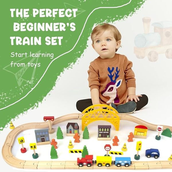 85pcs Wooden Train Set with Crane, Wooden Train Tracks Toy Train Set, Wooden Toys Train Set for Kids