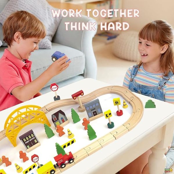 85pcs Wooden Train Set with Crane, Wooden Train Tracks Toy Train Set, Wooden Toys Train Set for Kids