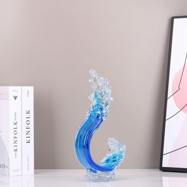 Blue Glass Beach House Decor, Hand Blown Glass Ocean Wave Decor, Tall Blue Glass Sculpture Home Decor