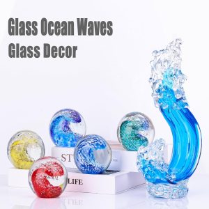 Blue Glass Beach House Decor, Hand Blown Glass Ocean Wave Decor, Tall Blue Glass Sculpture Home Decor