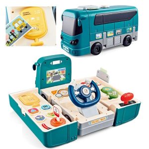 Bus Car Toy, Kids Play Vehicle with Sound and Light, Simulation Steering Wheel, Musical School Bus Toy